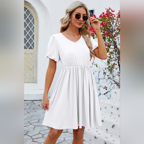 V-Neck Balloon Short Sleeve Dress. Hit The Like ♡ Button For SALE Price - Picture 2 of 4